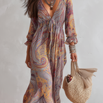 Vintage Paisley Print V-neck Dress With Tie Waist.