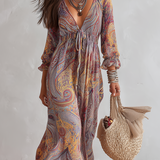 Vintage Paisley Print V-neck Dress With Tie Waist.