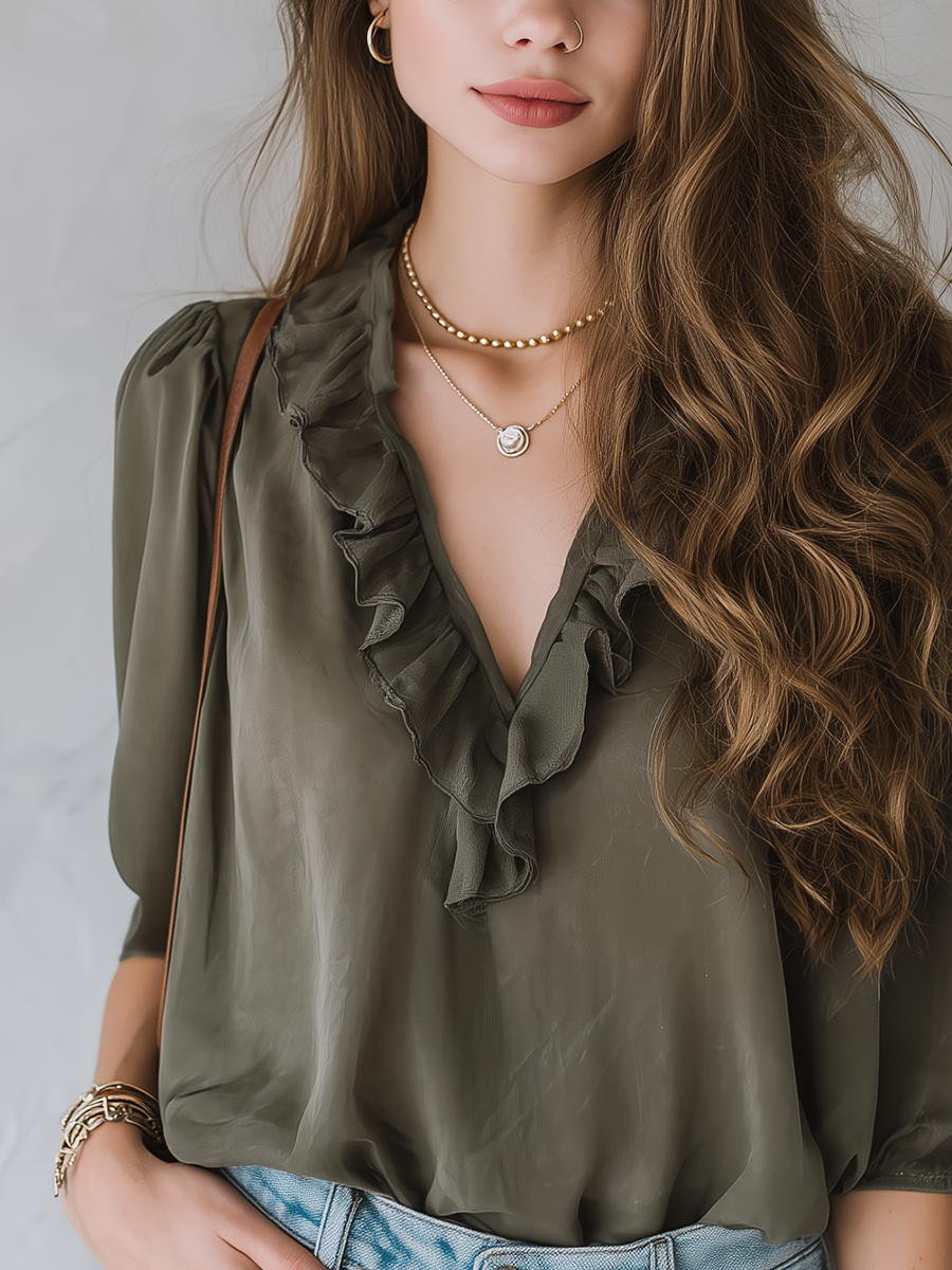 Casual Style Military Green V-neck Top With Ruffled Sleeves.