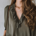 Casual Style Military Green V-neck Top With Ruffled Sleeves.