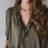 Casual Style Military Green V-neck Top With Ruffled Sleeves.