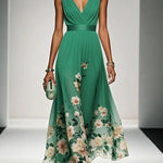 Light Blue Floral Chiffon V Neck Sleeveless A-Line Maxi Dress