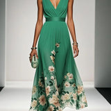 Light Blue Floral Chiffon V Neck Sleeveless A-Line Maxi Dress