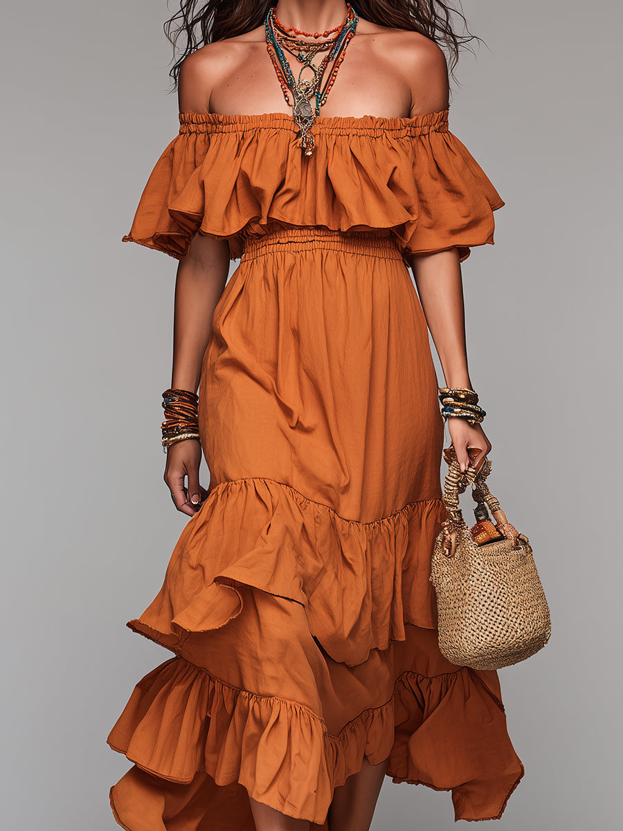 Bohemian Off-the-shoulder Cotton Maxi Dress With Ruffles