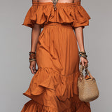 Bohemian Off-the-shoulder Cotton Maxi Dress With Ruffles