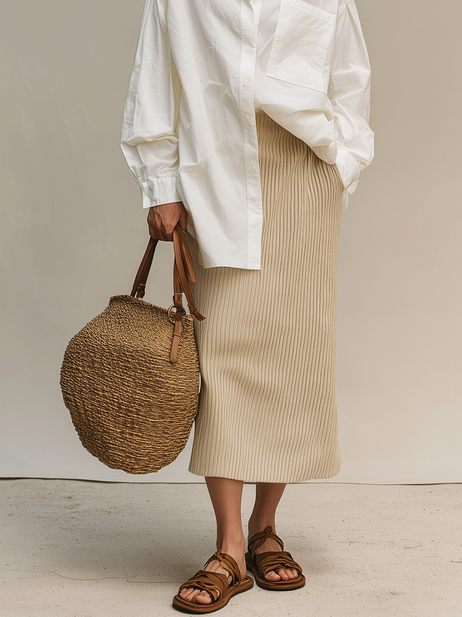 Modern Bohemian White Shirt & Soft Ribbed Midi Skirt Set