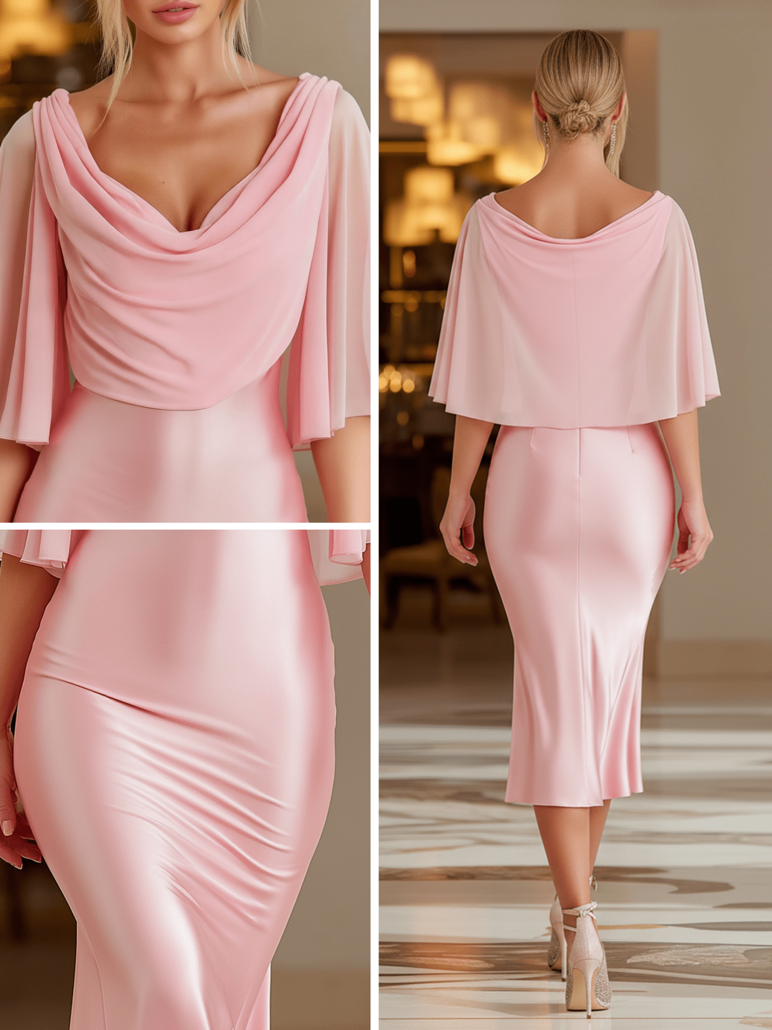 VESTIDO MIDI ROSA BLUSH DE SATÉN Y GASA - VALERINA MARBELLA