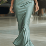 VESTIDO LARGO DE SATÉN VERDE SALVIA DE UN SOLO HOMBRO - VALERINA MARBELLA