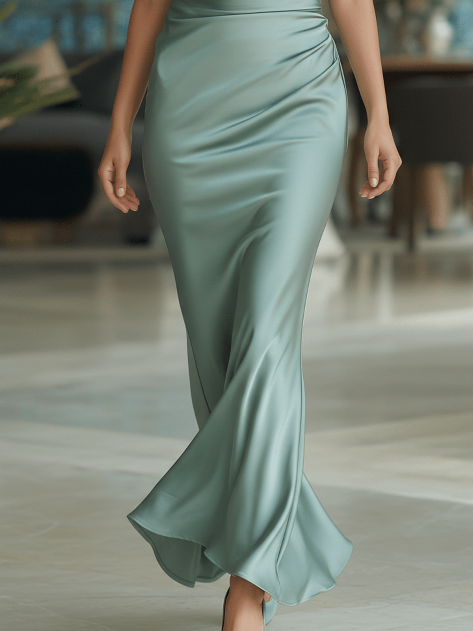 VESTIDO LARGO DE SATÉN VERDE SALVIA DE UN SOLO HOMBRO - VALERINA MARBELLA