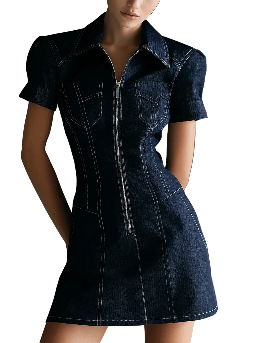 VESTIDO MINI VAQUERO ESTRUCTURADO CON CREMALLERA FRONTAL - VALERINA MARBELLA