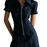 VESTIDO MINI VAQUERO ESTRUCTURADO CON CREMALLERA FRONTAL - VALERINA MARBELLA