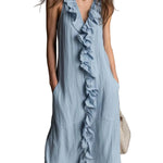 Relaxed Fit Side Pockets Ruffled Placket Cotton-linen Midi Dress