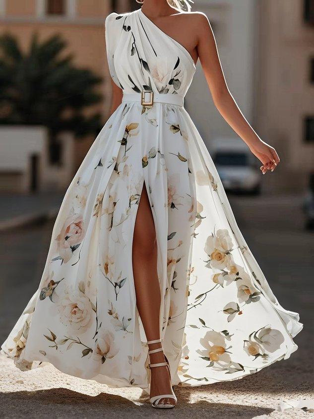 Vestido longo de chiffon verde claro com estampa floral, drapeado e um ombro só.