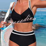 Stylish Color-blocked Striped High-waisted Two-piece Stretch Bikini Swimsuit
