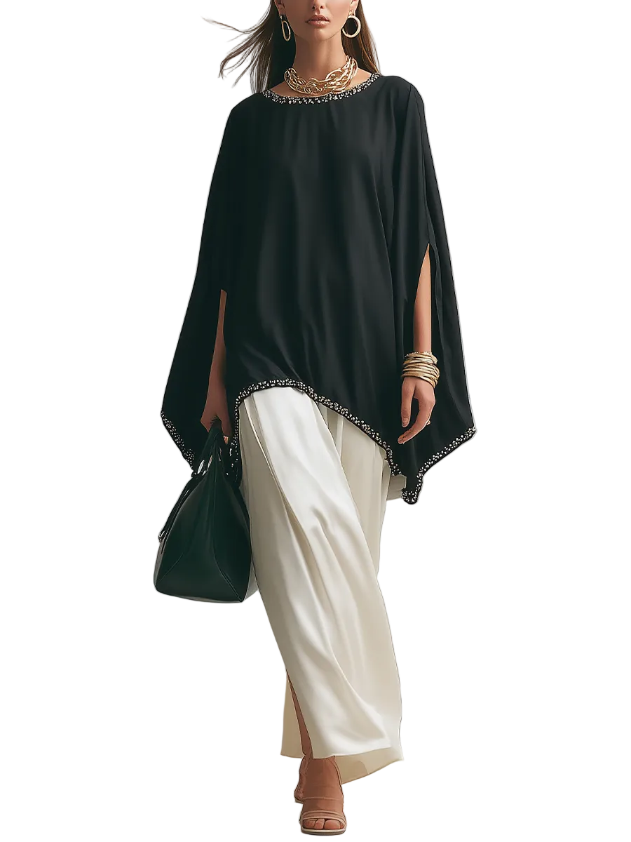 Minimal Black Cape-Style Top & Flowing Skirt Set