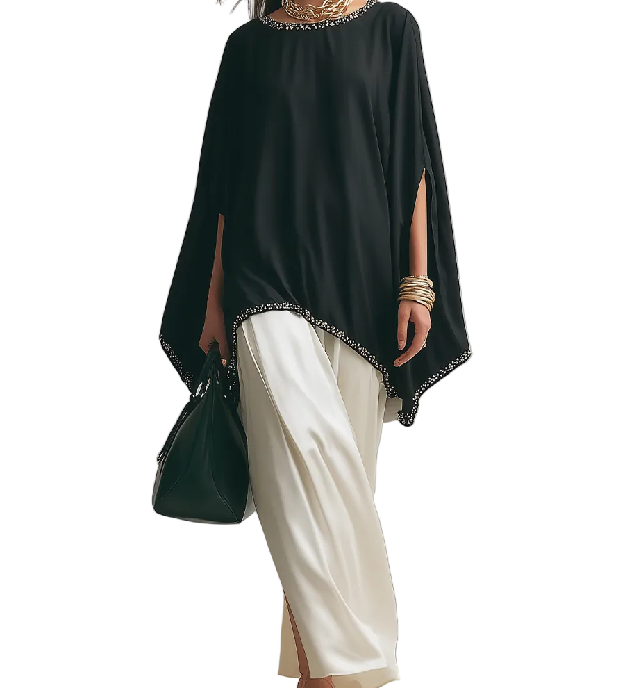 Minimal Black Cape-Style Top & Flowing Skirt Set