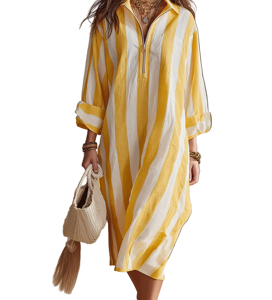Relaxed Striped Resort Yellow & White Stripe Midi Dress