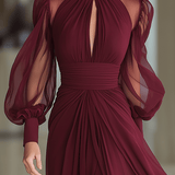 VESTIDO LARGO BURDEOS DE CHIFÓN CON CUELLO ALTO - VALERINA MARBELLA