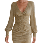 VESTIDO MINI DORADO BRILLANTE AJUSTADO CON FRUNCIDO Y ESCOTE EN V - VALERINA MARBELLA