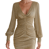 VESTIDO MINI DORADO BRILLANTE AJUSTADO CON FRUNCIDO Y ESCOTE EN V - VALERINA MARBELLA