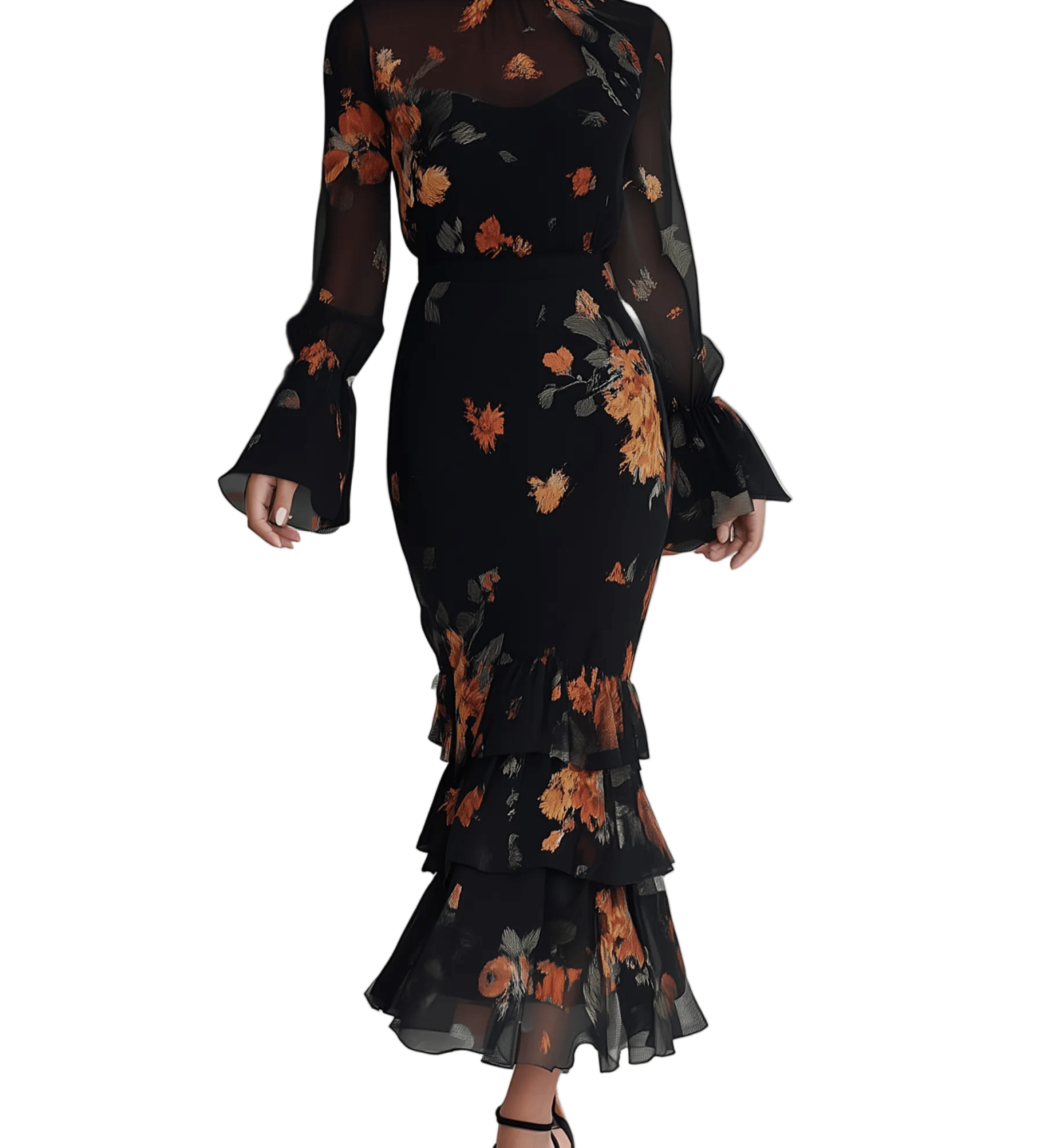 VESTIDO MIDI NEGRO CON ESTAMPADO FLORAL DE OTOÑO - VALERINA MARBELLA