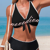 Stylish Color-blocked Trim High-waisted Two-piece Stretch Bikini Swimsuit