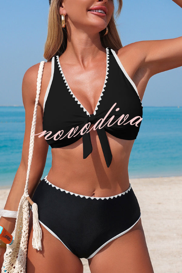 Stylish Color-blocked Trim High-waisted Two-piece Stretch Bikini Swimsuit