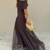 Brown One Shoulder Mesh Maxi Dress