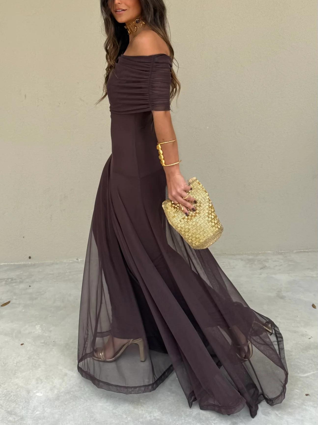 Brown One Shoulder Mesh Maxi Dress