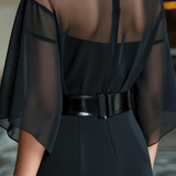 VESTIDO MIDI NEGRO CON CANESÚ TRANSPARENTE, MANGA CAPA Y CINTURÓN - VALERINA MARBELLA