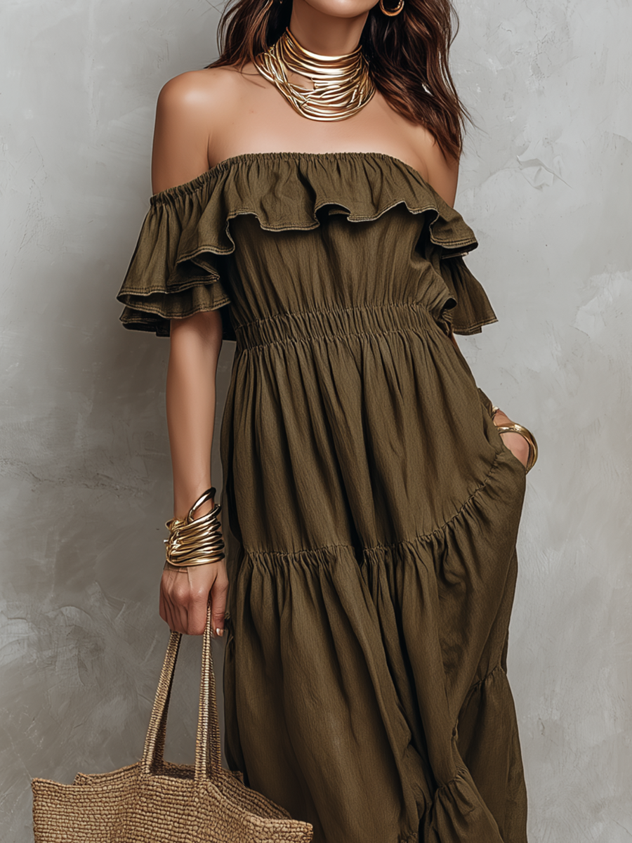 Earthy Off-Shoulder Smocked Bohemian Maxi Dress