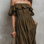 Earthy Off-Shoulder Smocked Bohemian Maxi Dress