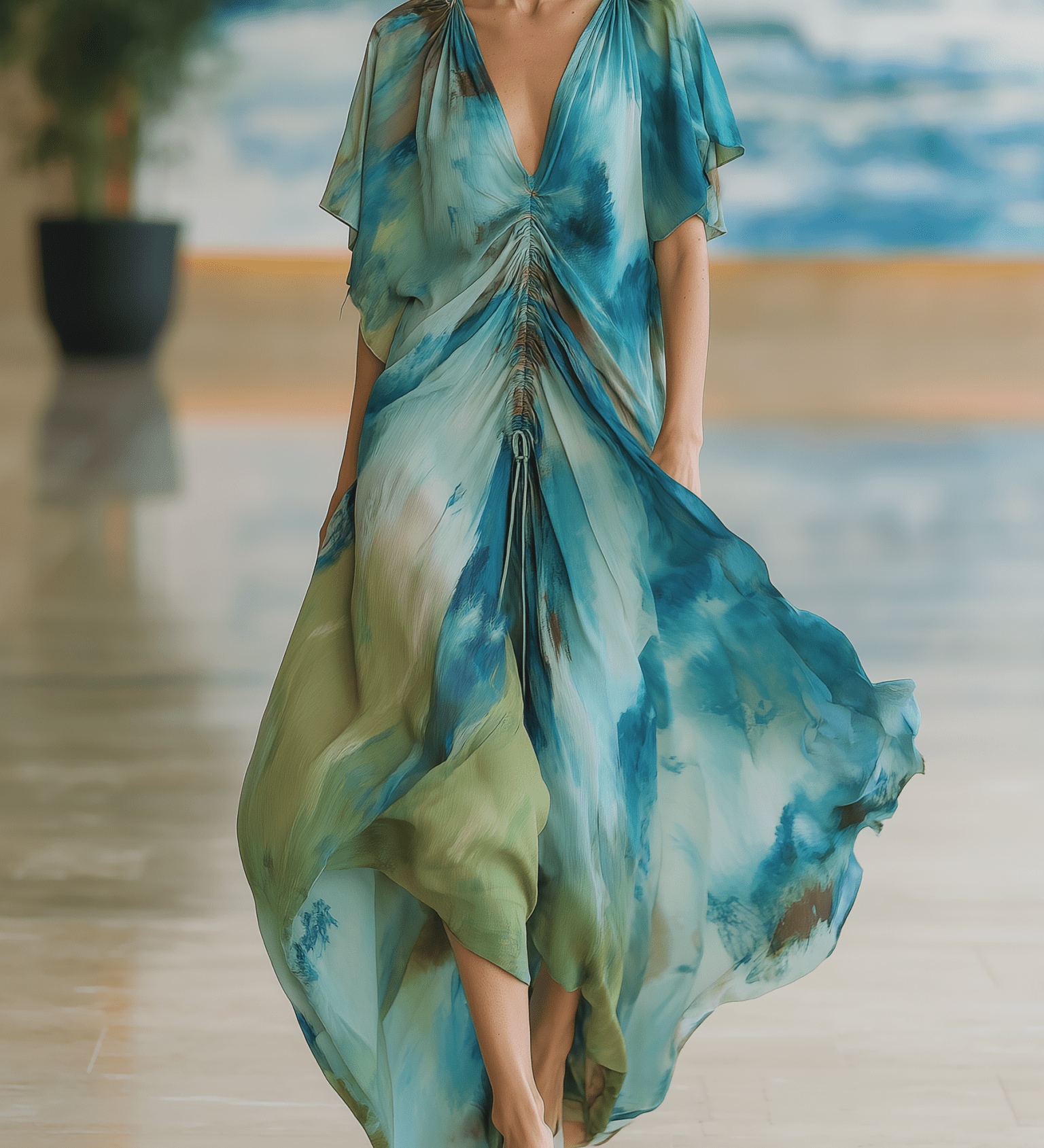 VESTIDO LARGO DE GASA DEGRADADO EN TONOS MARINOS - VALERINA MARBELLA