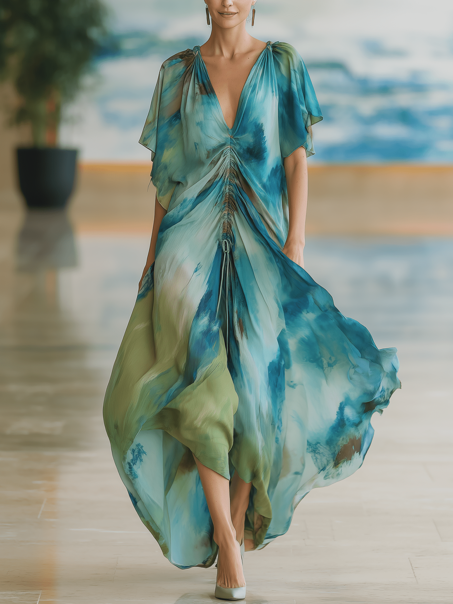 VESTIDO LARGO DE GASA DEGRADADO EN TONOS MARINOS - VALERINA MARBELLA