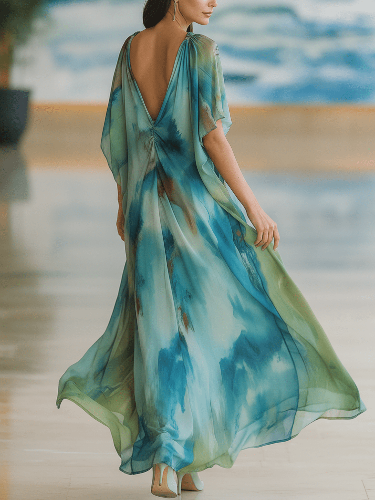 VESTIDO LARGO DE GASA DEGRADADO EN TONOS MARINOS - VALERINA MARBELLA
