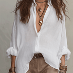 Soft Casual White Lightweight Linen Shirt Warm Sand Brown Wide-Leg Trousers