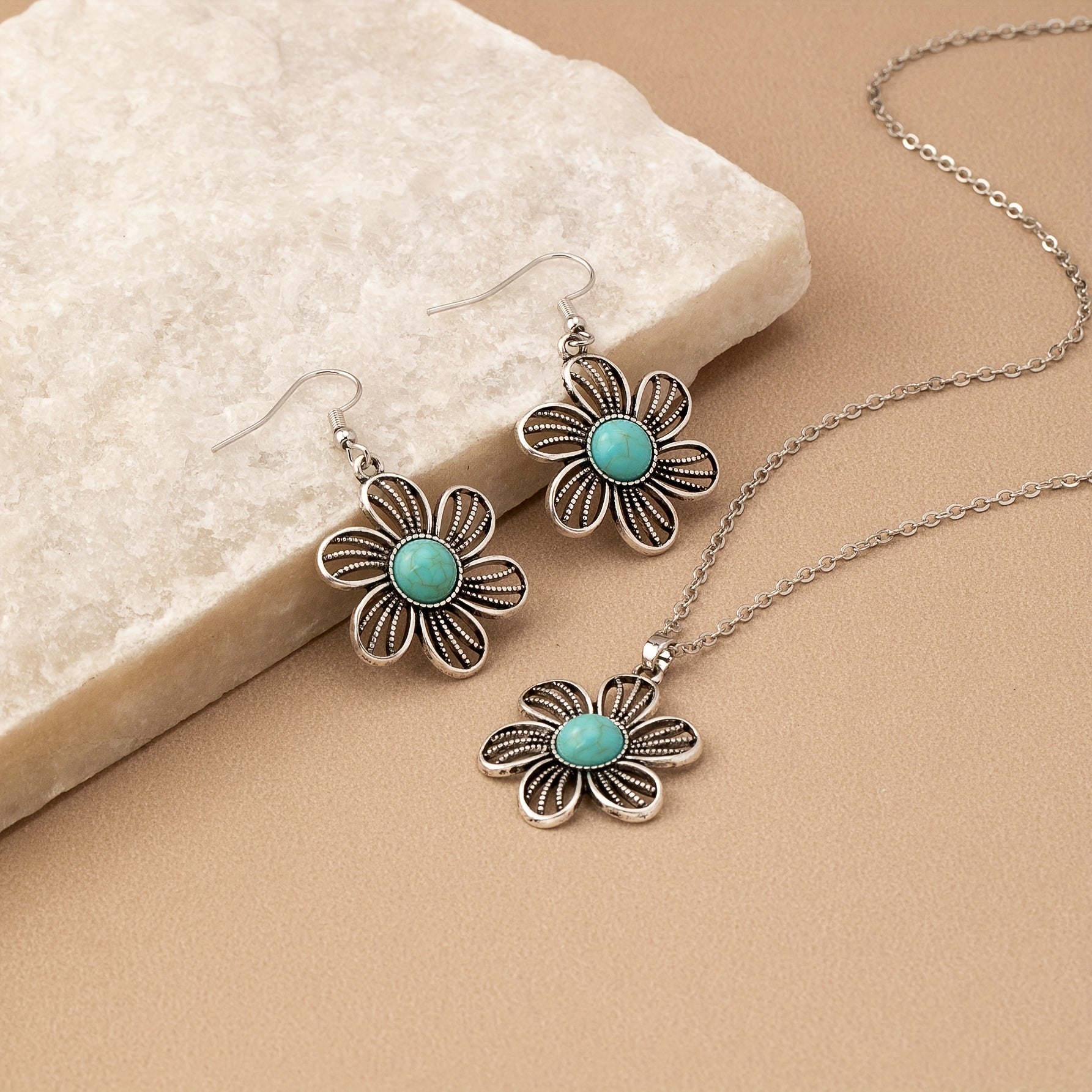 CONJUNTO VINTAGE TURQUESA FLOR PLATA PLAQUÉ COLLAR & BOUCLE OREILLE