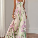 White Pleated Floral Chiffon Square Neck Sleeveless A-Line Maxi Dress