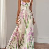 White Pleated Floral Chiffon Square Neck Sleeveless A-Line Maxi Dress