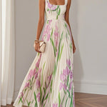 White Pleated Floral Chiffon Square Neck Sleeveless A-Line Maxi Dress