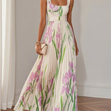 White Pleated Floral Chiffon Square Neck Sleeveless A-Line Maxi Dress