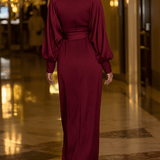 VESTIDO LARGO DE SATÉN JACQUARD BURDEOS CON ESCOTE EN V - VALERINA MARBELLA