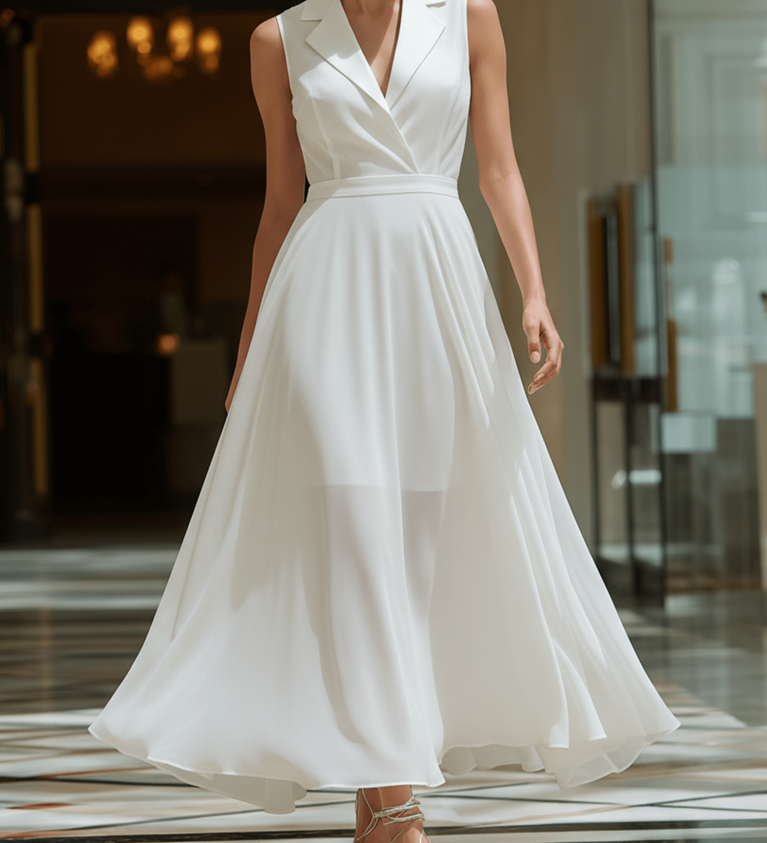 VESTIDO MIDI BLANCO DE GASA CON CUELLO BLAZER Y FORRO - VALERINA MARBELLA