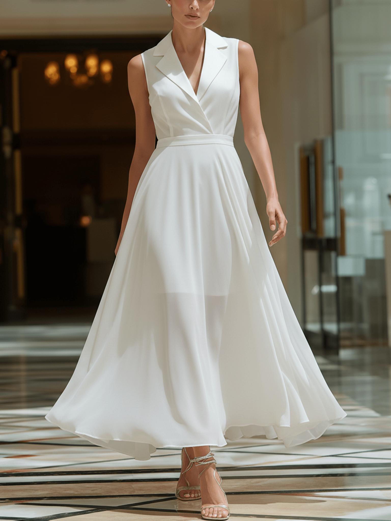 VESTIDO MIDI BLANCO DE GASA CON CUELLO BLAZER Y FORRO - VALERINA MARBELLA