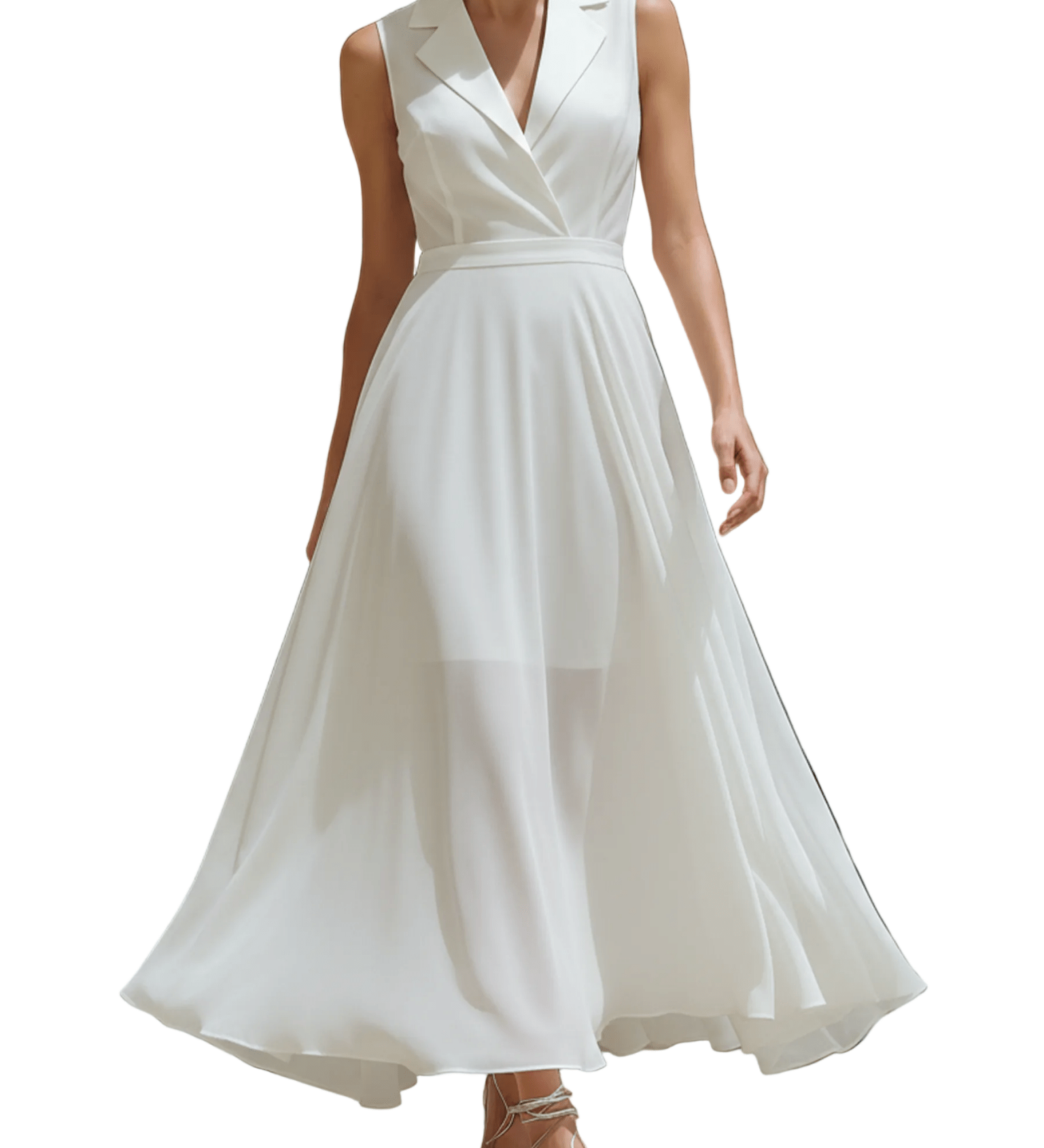 VESTIDO MIDI BLANCO DE GASA CON CUELLO BLAZER Y FORRO - VALERINA MARBELLA