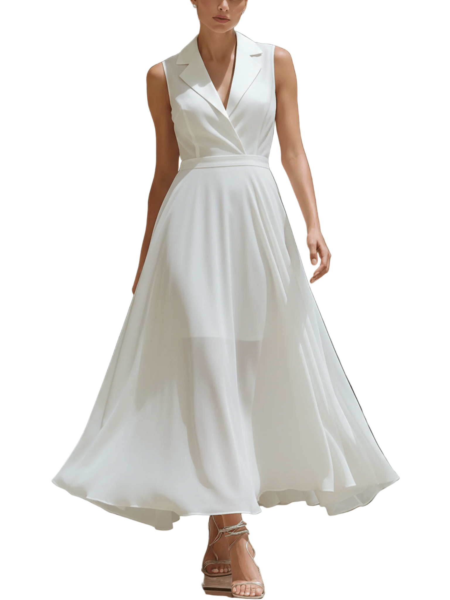 VESTIDO MIDI BLANCO DE GASA CON CUELLO BLAZER Y FORRO - VALERINA MARBELLA