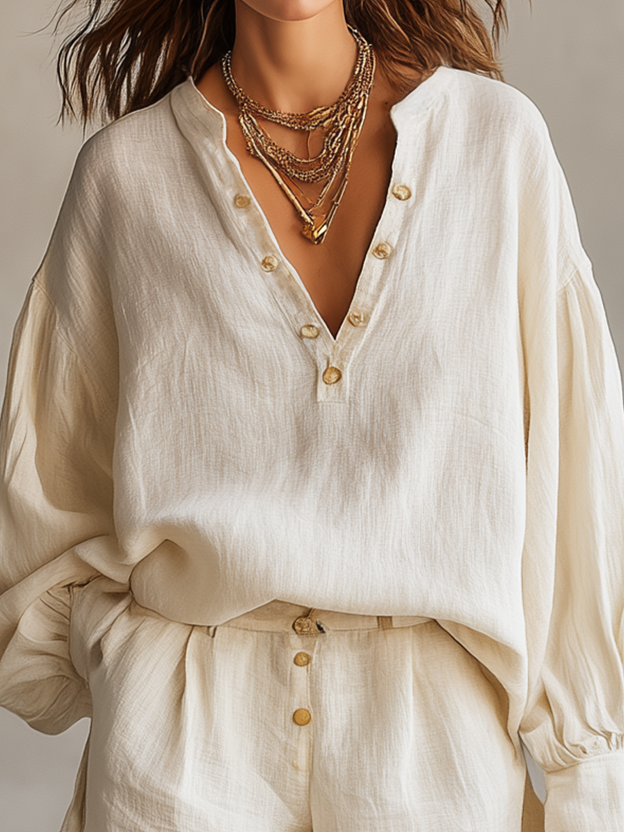 Soft Draped Balloon-Sleeve Two-Piece Set