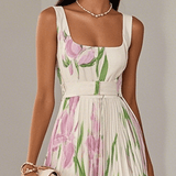 White Pleated Floral Chiffon Square Neck Sleeveless A-Line Maxi Dress