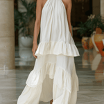 VESTIDO MAXI MARFIL CON CUELLO HALTER Y VOLANTES EN CAPAS - VALERINA MARBELLA