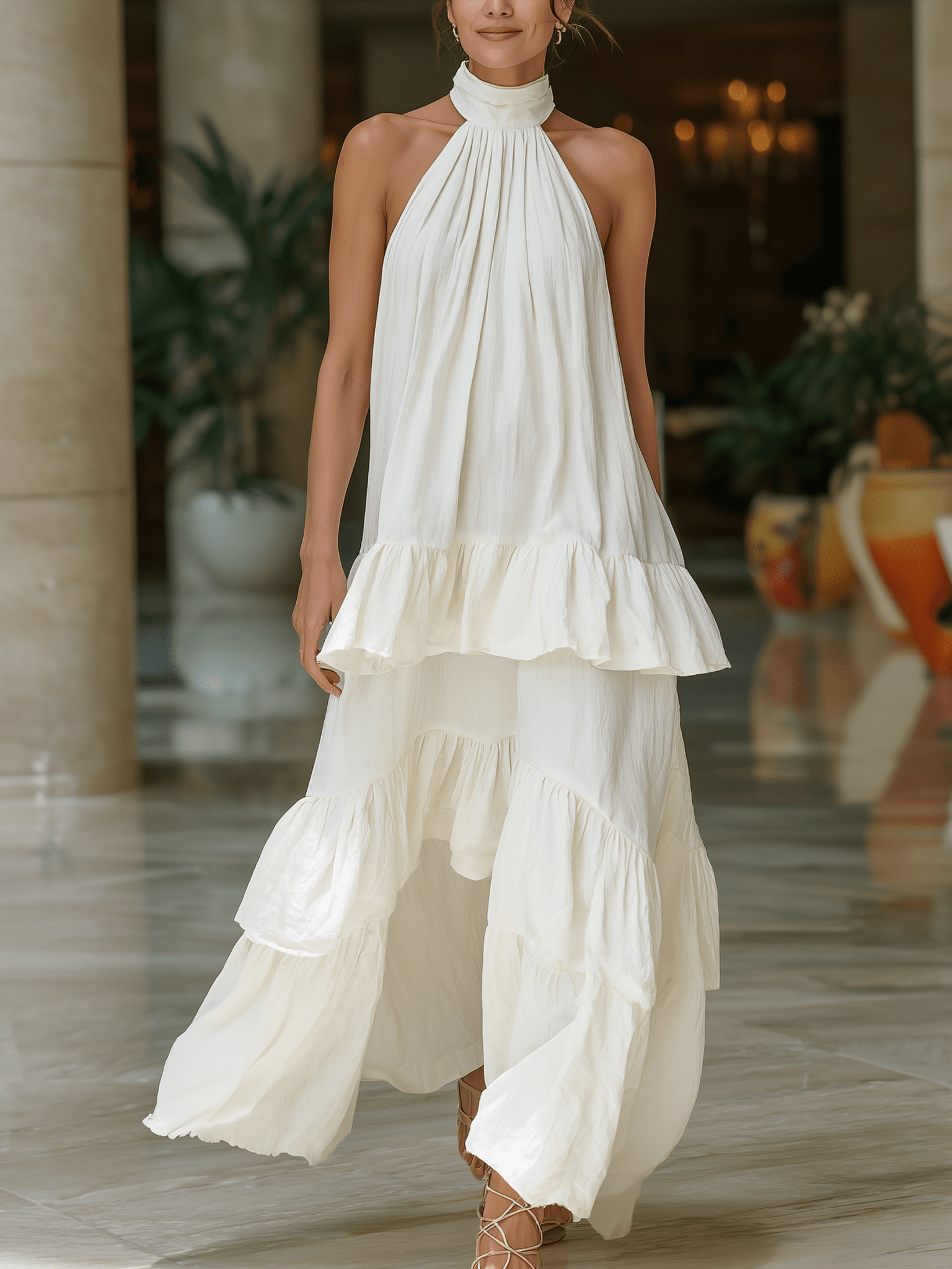 VESTIDO MAXI MARFIL CON CUELLO HALTER Y VOLANTES EN CAPAS - VALERINA MARBELLA